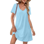 Women's V-Neck Short Sleeve T-Shirt Dress, Casual Solid Color Shift Dress with Pocket