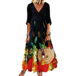 Women's Floral Print V-Neck Maxi Dress, Casual 3/4 Sleeve Loose Flowy Dress