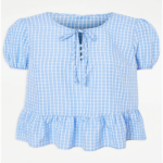 Blue Gingham Print Peplum Top