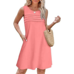 Women's Sleeveless Round Neck A-Line Dress, Casual Solid Color Pleated Detail Dress
