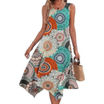 Women's Bohemian Print Sleeveless Midi Dress, Casual Asymmetric Hem Tank Dress
